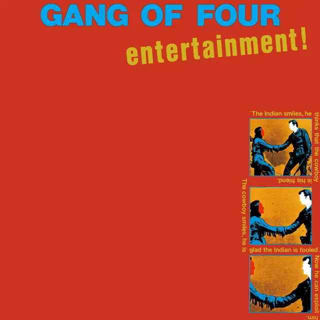 Cease & Desist Records vinyl LP of Gang of Four's "Entertainment" 12-inch album with colorful cover art.