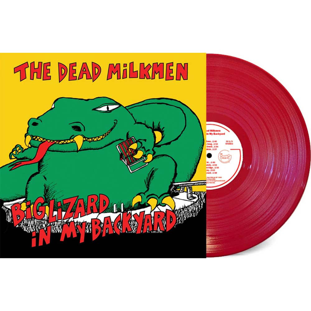 Black vinyl LP record of The Dead Milkmen's "Big Lizard in My Backyard" by Cease & Desist Records, featuring colorful album art.