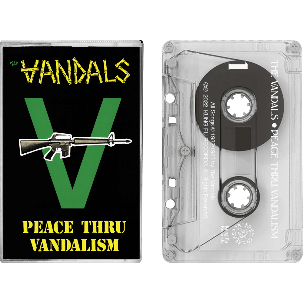 Cassette tape of The Vandals' "Peace Thru Vandalism" album by Cease & Desist Records with colorful cover art.