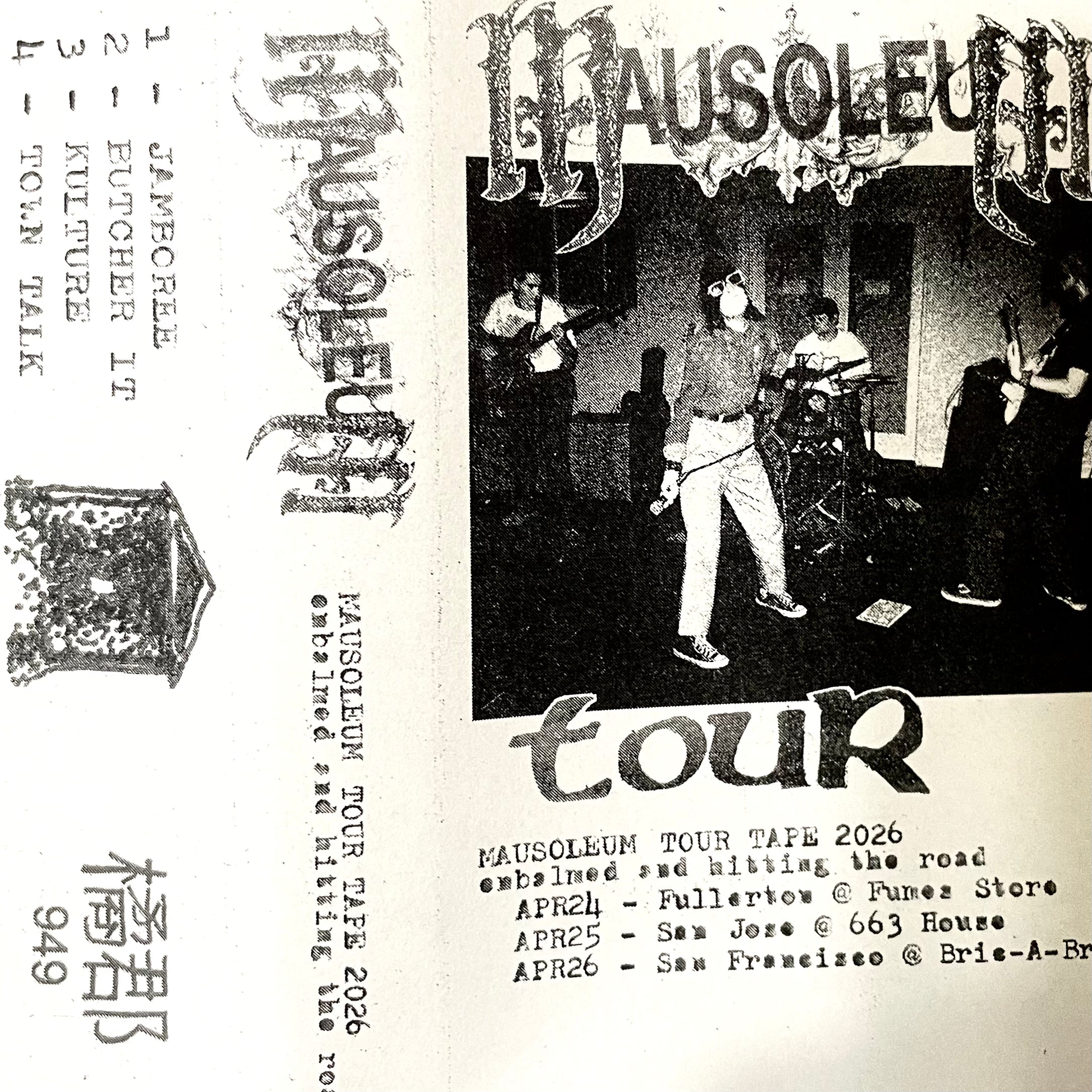 Cease & Desist Records Mausoleum-Moxie Demo 2026 Tour cassette tape with album artwork and clear case.