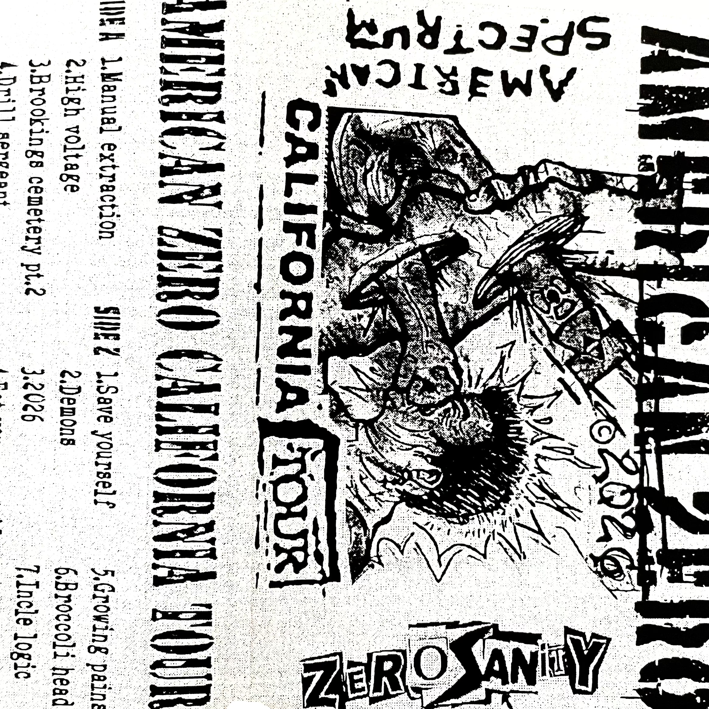 American Spectrum/Zero Sanity cassette from Cease & Desist Records, displayed in a clear case with cover art visible.