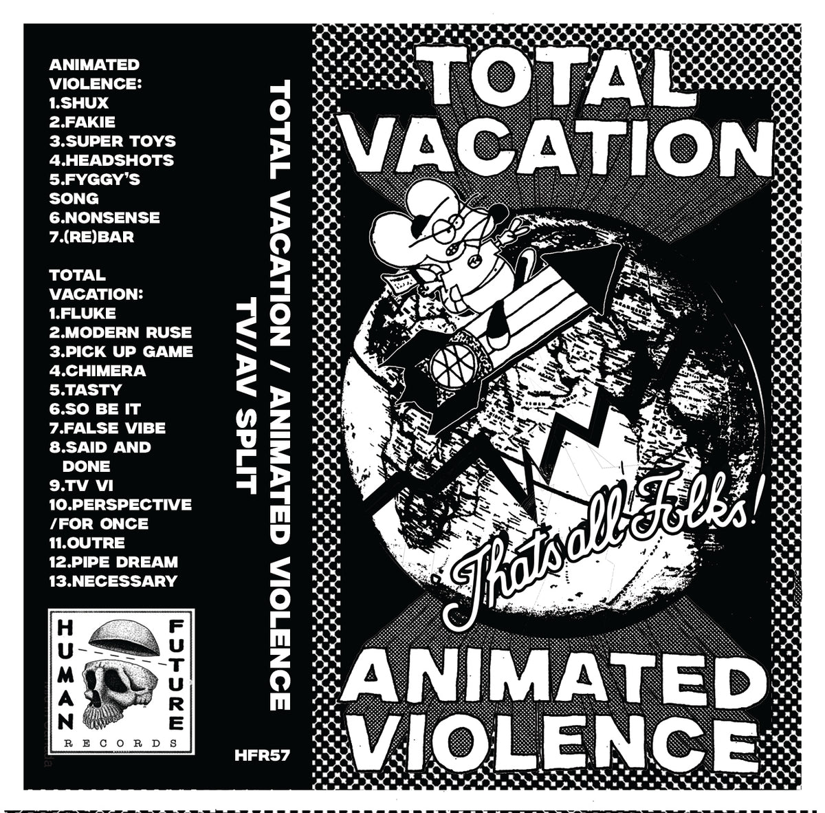 Cassette tape of "Total Vacation/Animated Violence" by Cease & Desist Records with colorful cover art, featuring bold text and vibrant graphics.