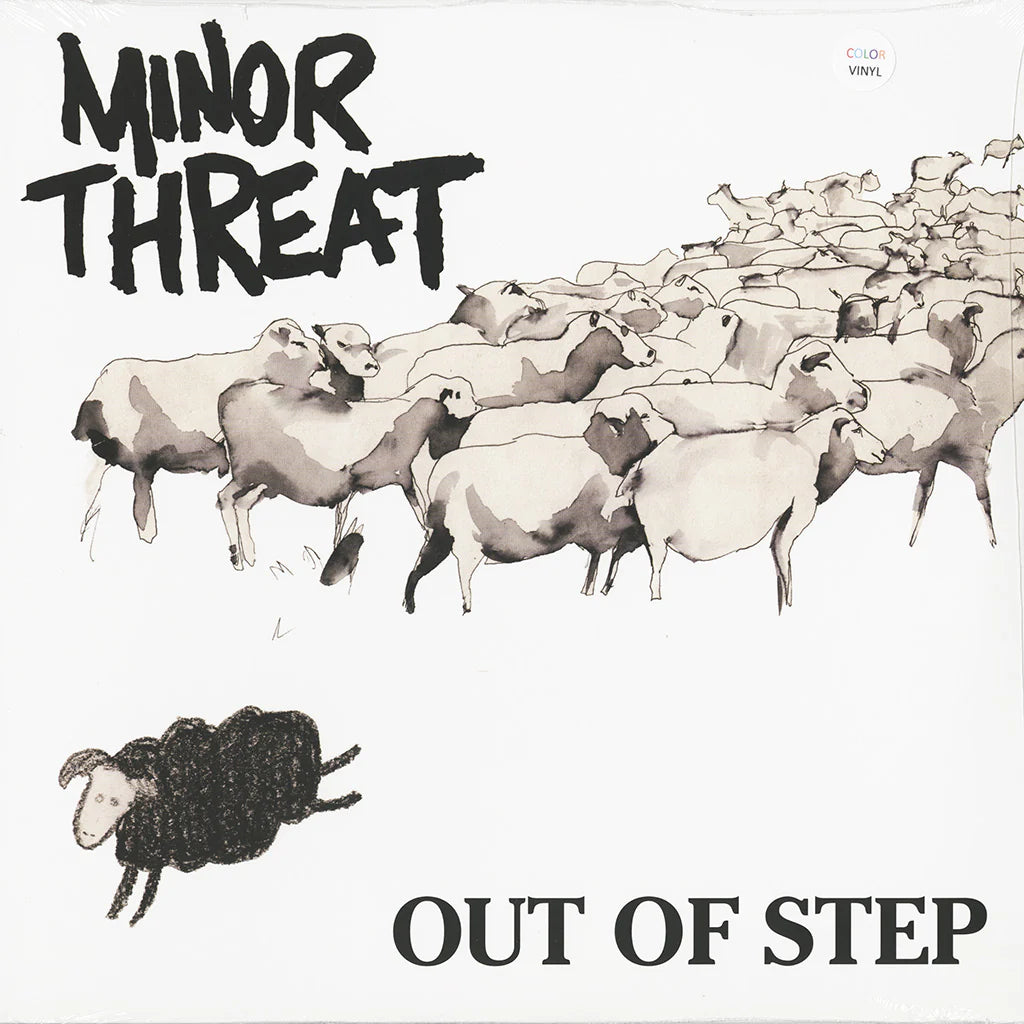 Colorful vinyl LP of Minor Threat's Out of Step 12-inch album by Cease & Desist Records, featuring the album cover art.