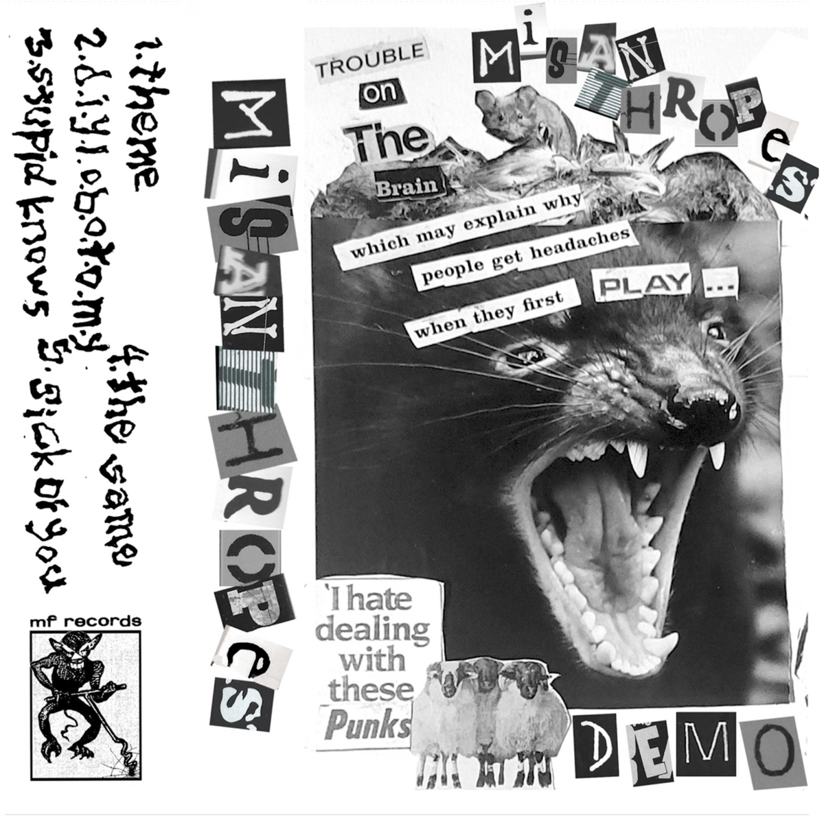 Cease & Desist Records Misanthropes Demo 2025 cassette tape with cover artwork and track listing visible in the image.