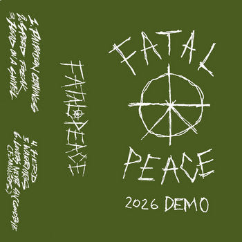 Cease & Desist Records Fatal Peace 2026 Demo cassette tape with cover art, black cassette case, and colorful label design.