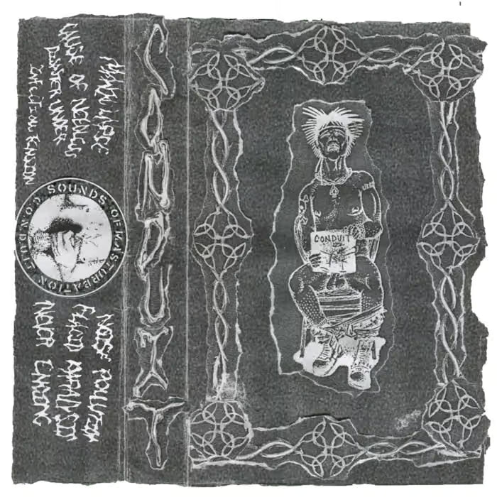 Cease & Desist Records cassette titled "Sounds of Masturbation" featuring artwork, vintage audio cassette design.