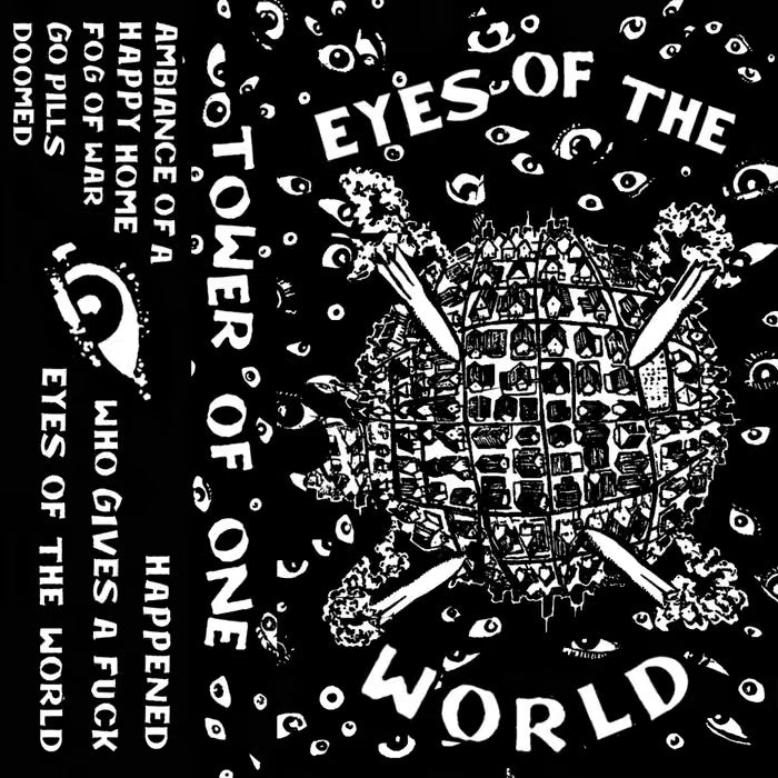 Cease & Desist Records Tower of One Eyes of the World cassette tape featuring album artwork with vibrant colors and bold text.