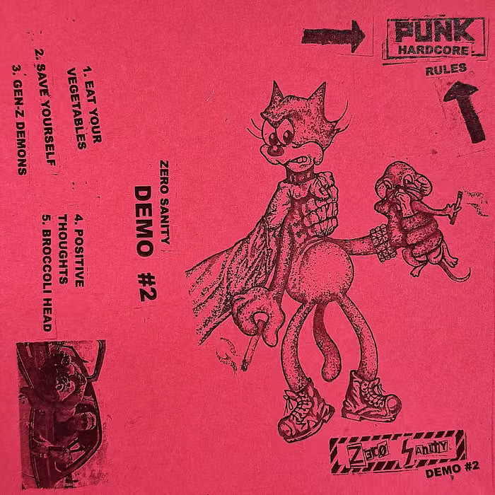 Cease & Desist Records Zero Sanity Demo 2 cassette tape with album cover art featuring bold graphics and vibrant colors.