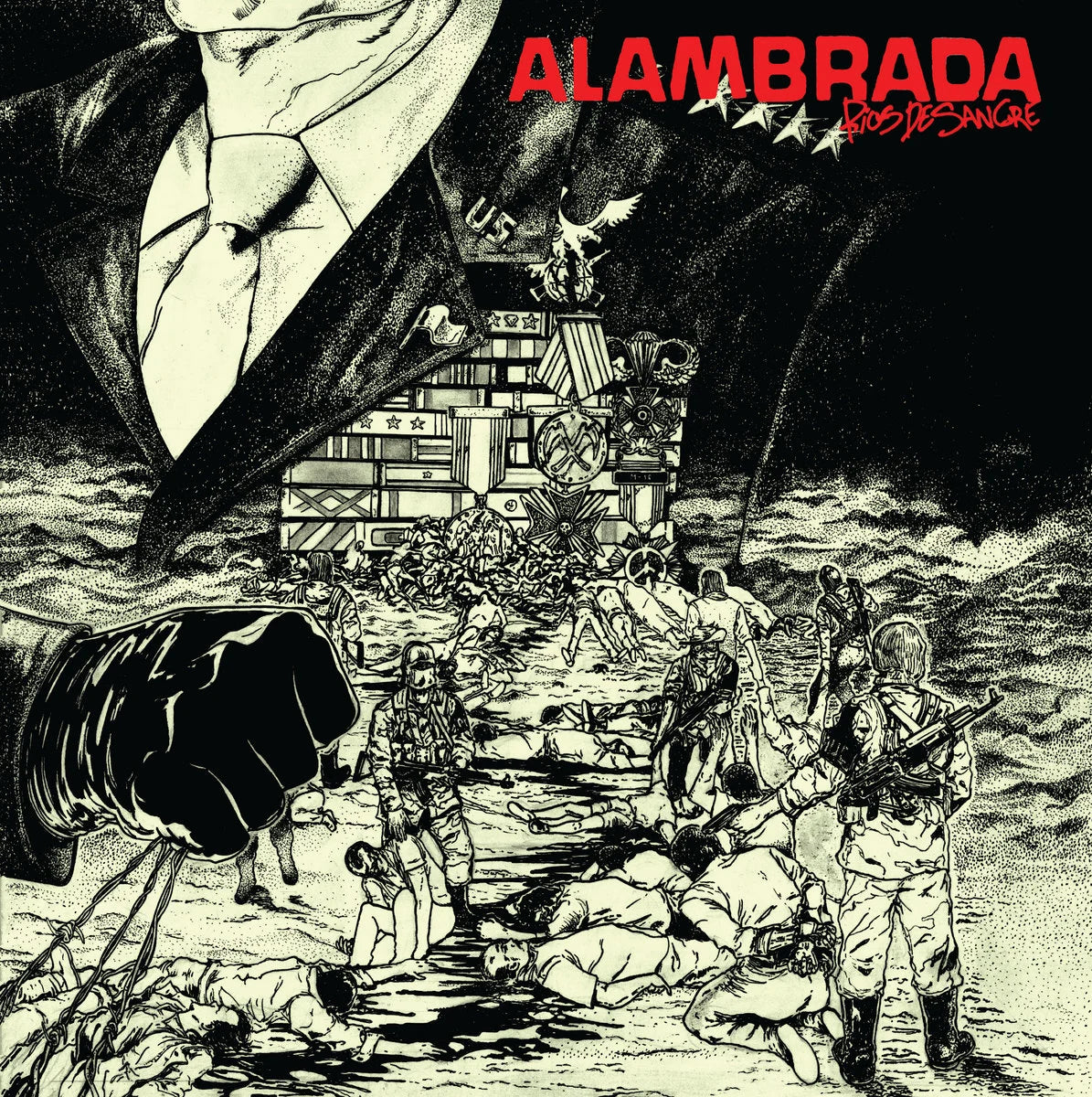 12-inch vinyl record of "Ríos de Sangre" by ALAMBRADA, featuring dark artwork and heavy metal design from Cease & Desist Records.